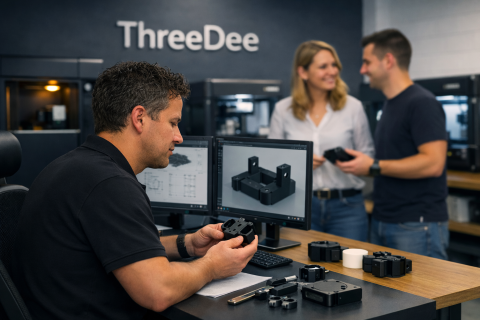 Het team van ThreeDee bekijkt 3D-geprinte montagebeugels in de werkplaats